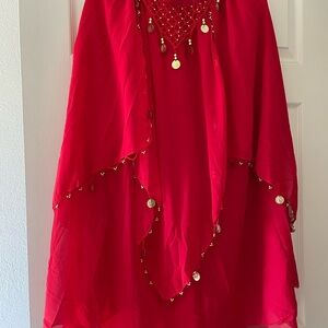Red Belly Dance Skirt Chiffon Coin Trim Festival Costume One Size